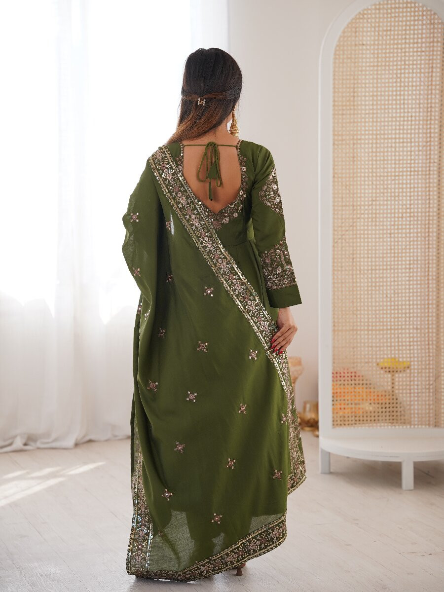 Mehendi Green Roman Silk Embroidery Sequins Wedding Party Festival Casual Ready Anarkali Salwar Kameez Pant Salwar Kameez
