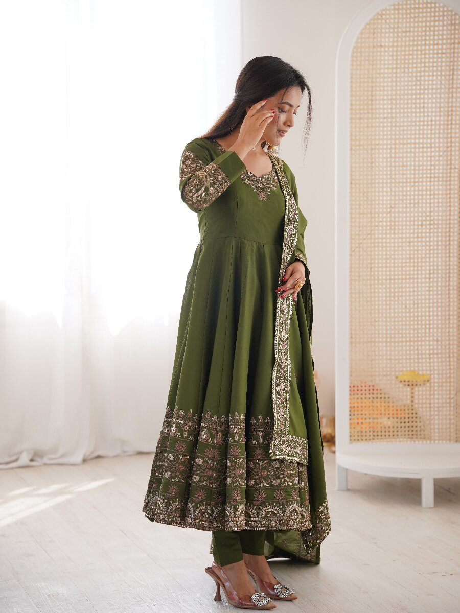 Mehendi Green Roman Silk Embroidery Sequins Wedding Party Festival Casual Ready Anarkali Salwar Kameez Pant Salwar Kameez