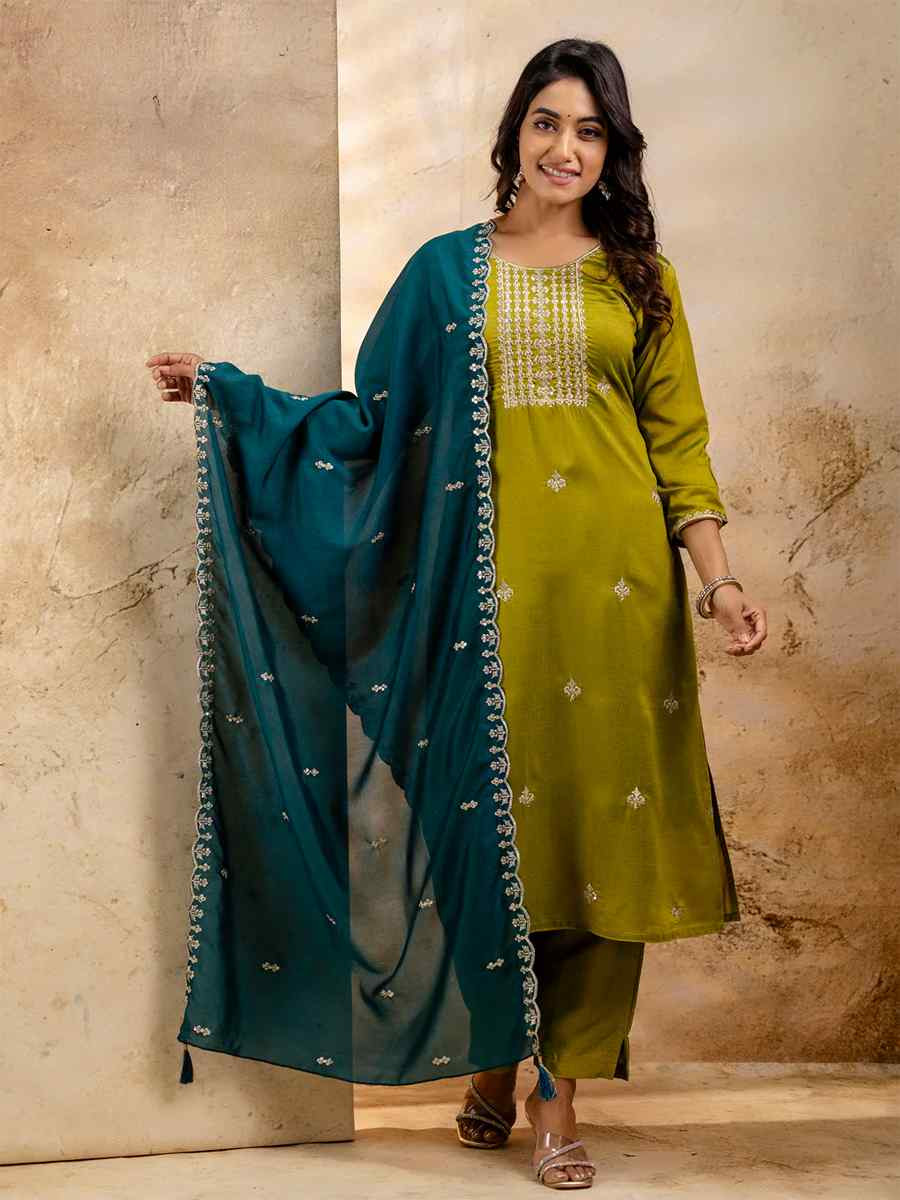 Mehendi Green Silk Blend Embroidered Festival Wedding Ready Pant Salwar Kameez