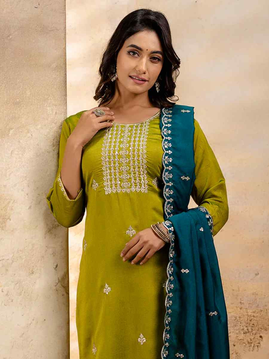 Mehendi Green Silk Blend Embroidered Festival Wedding Ready Pant Salwar Kameez
