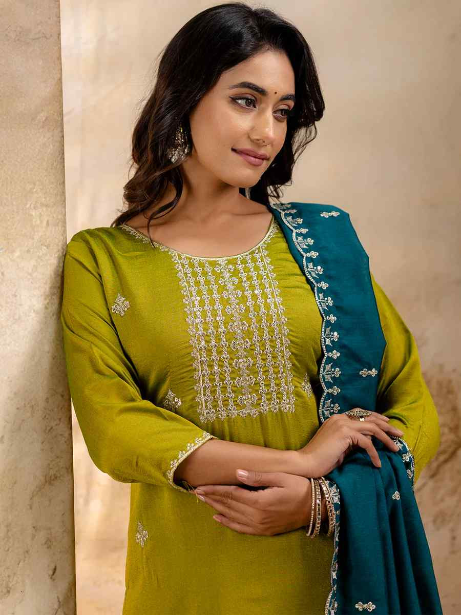 Mehendi Green Silk Blend Embroidered Festival Wedding Ready Pant Salwar Kameez