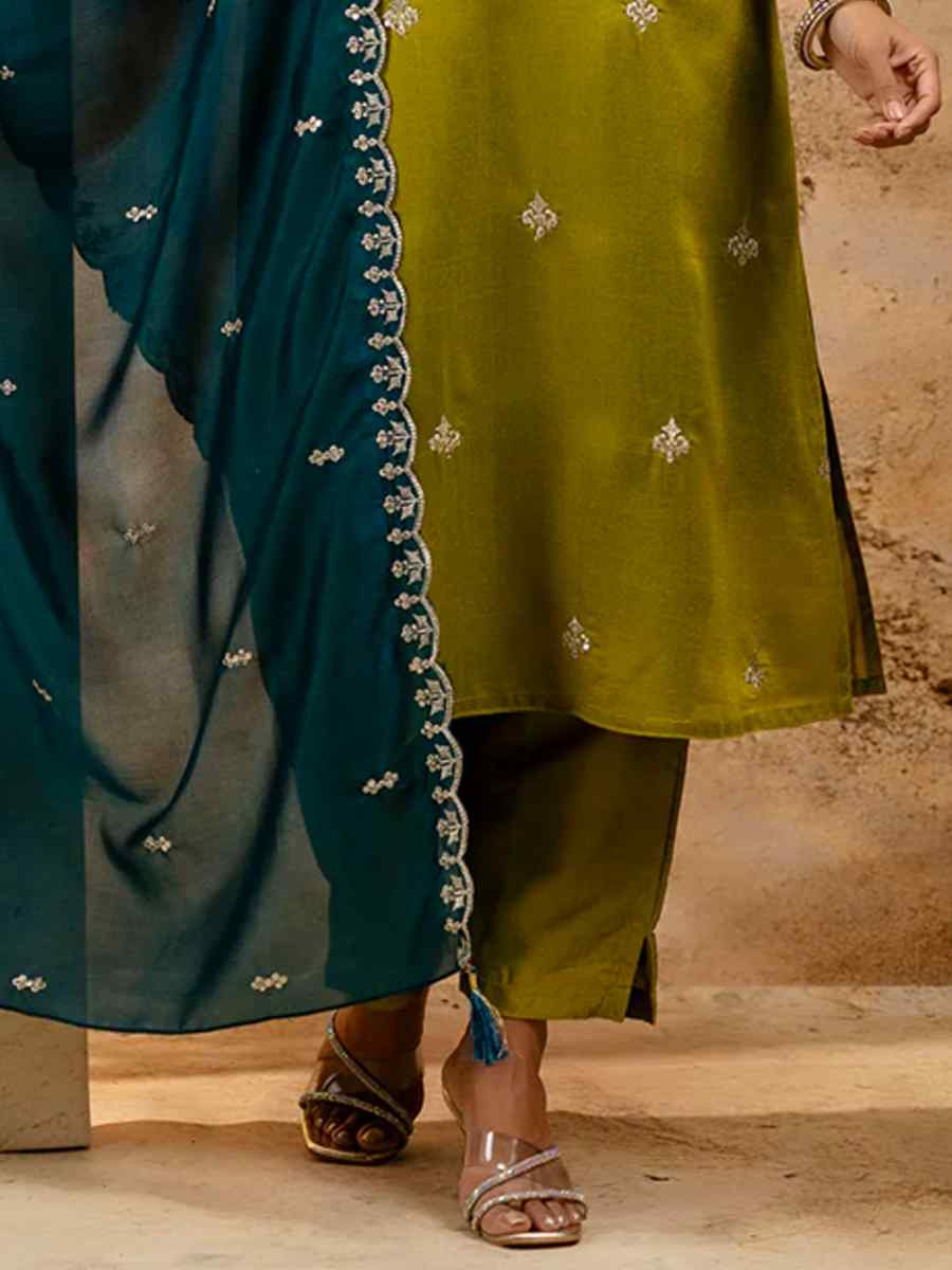 Mehendi Green Silk Blend Embroidered Festival Wedding Ready Pant Salwar Kameez