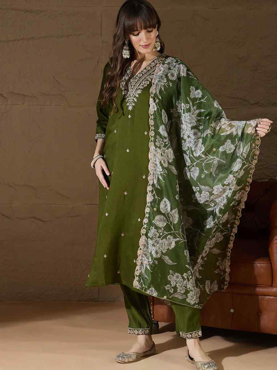 Mehendi Green Silk Blend Embroidery Party Wedding Festival Casual Ready Pant Salwar Kameez