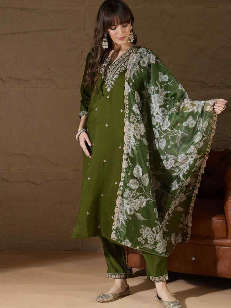 Image of Mehendi Green Silk Blend Embroidery Party Wedding Festival Casual Ready Pant Salwar Kameez