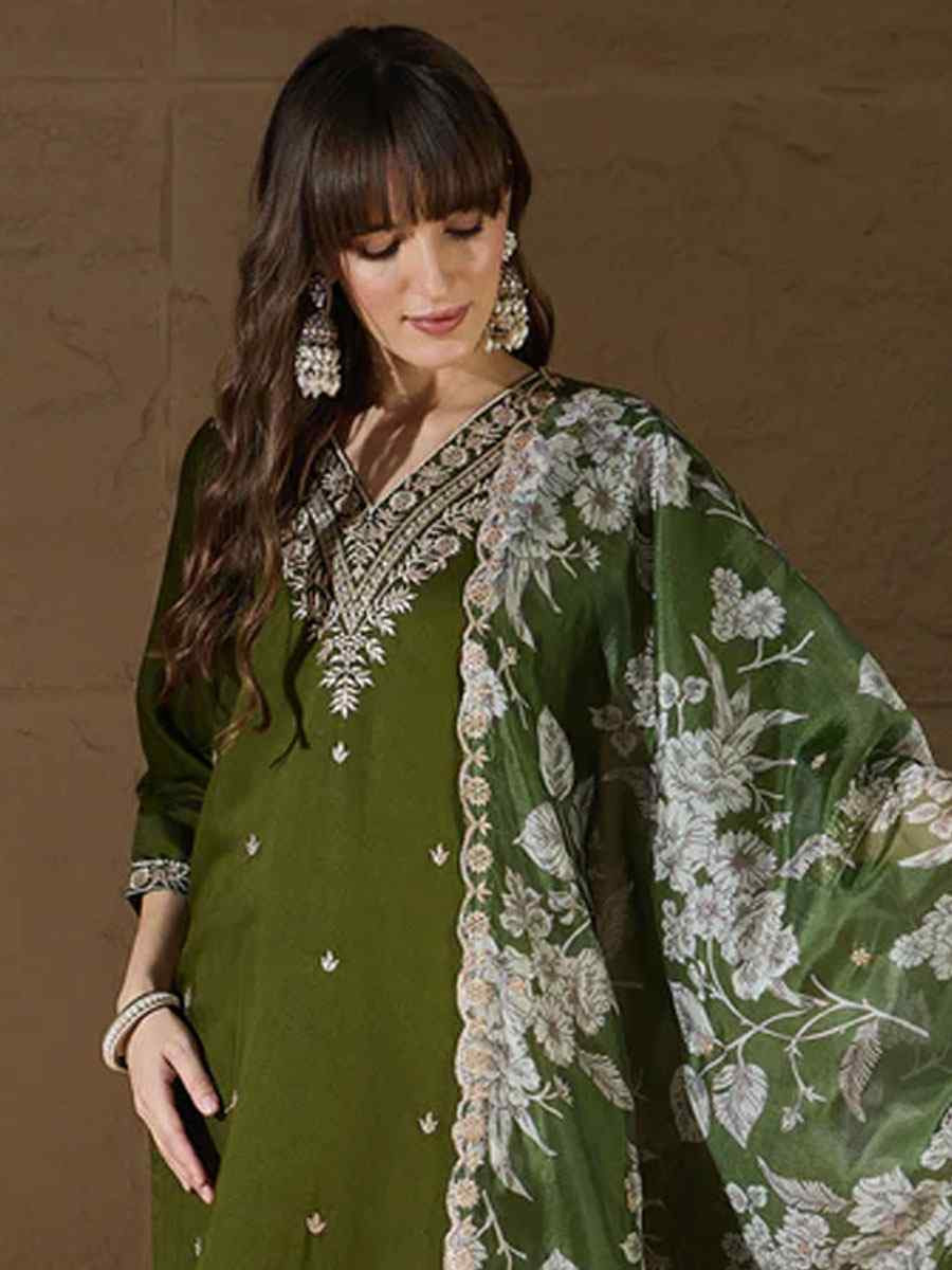 Mehendi Green Silk Blend Embroidery Party Wedding Festival Casual Ready Pant Salwar Kameez