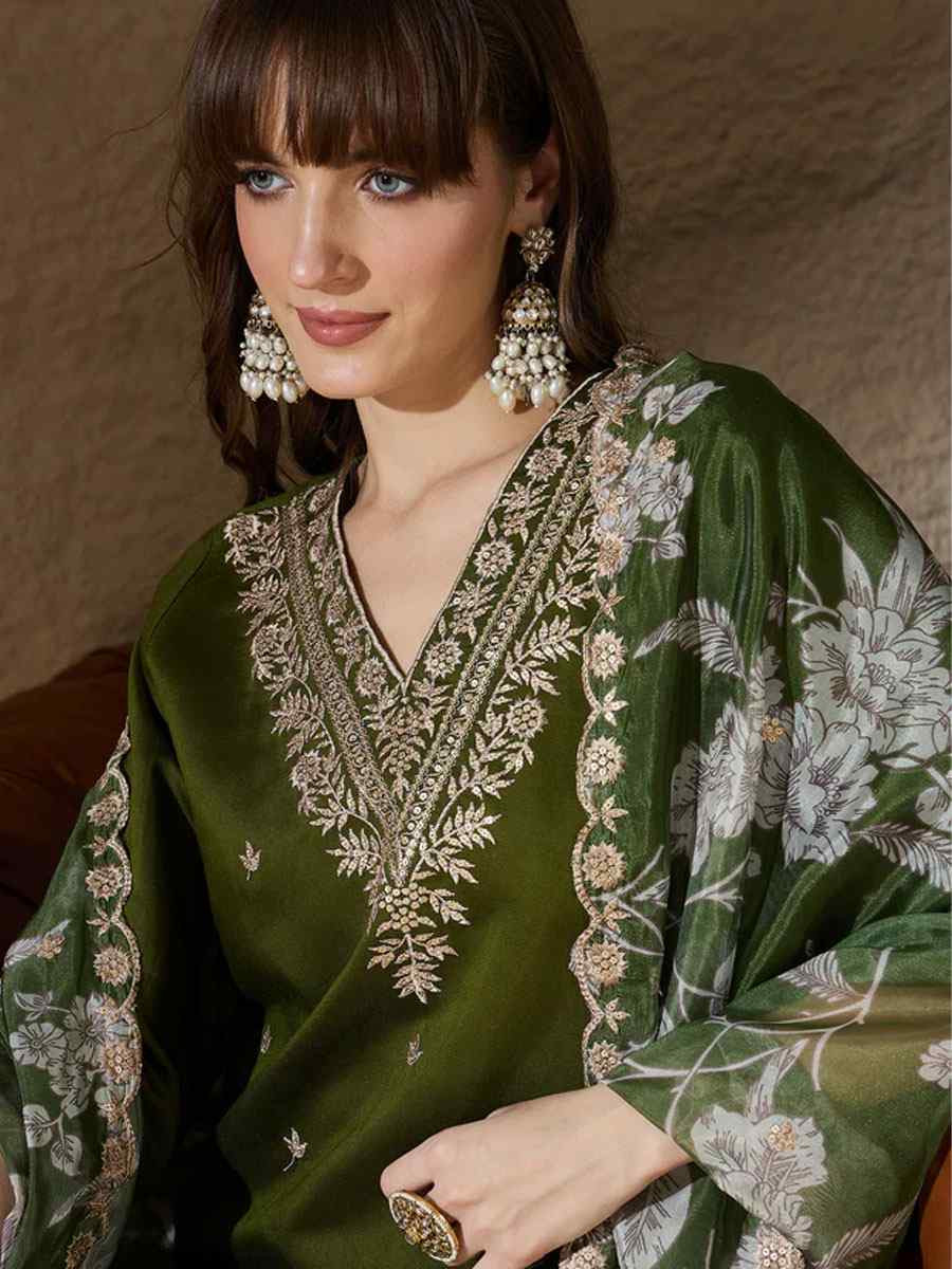 Mehendi Green Silk Blend Embroidery Party Wedding Festival Casual Ready Pant Salwar Kameez