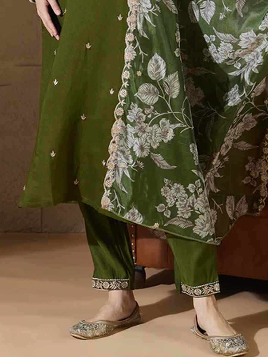 Mehendi Green Silk Blend Embroidery Party Wedding Festival Casual Ready Pant Salwar Kameez