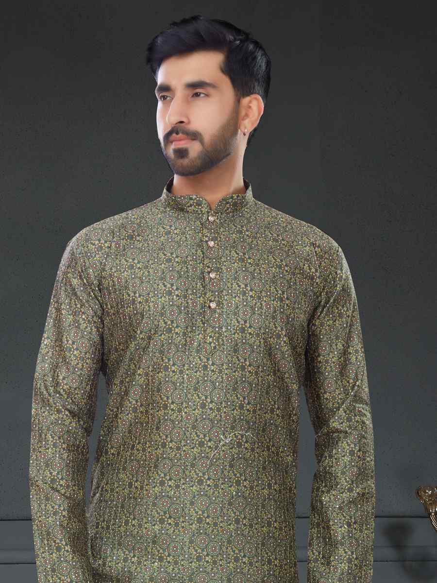 Mehendi Green Silk Printed Festival Party Kurta