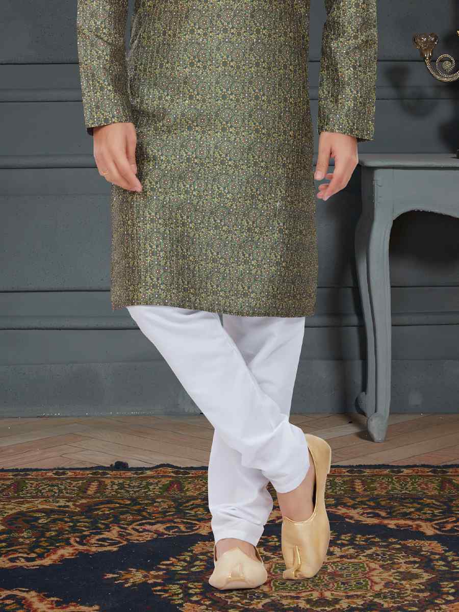 Mehendi Green Silk Printed Festival Party Kurta