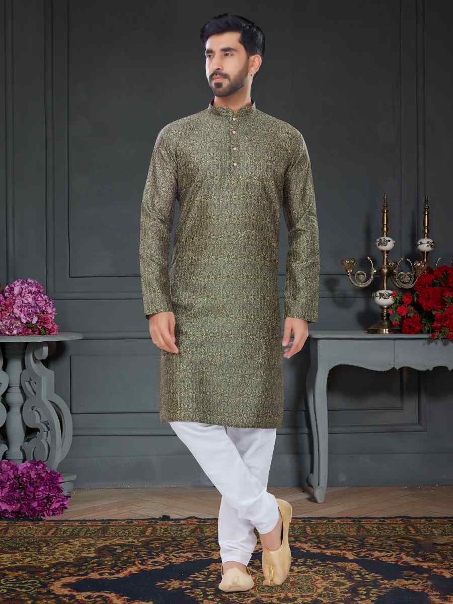 Mehendi Green Silk Printed Festival Party Kurta