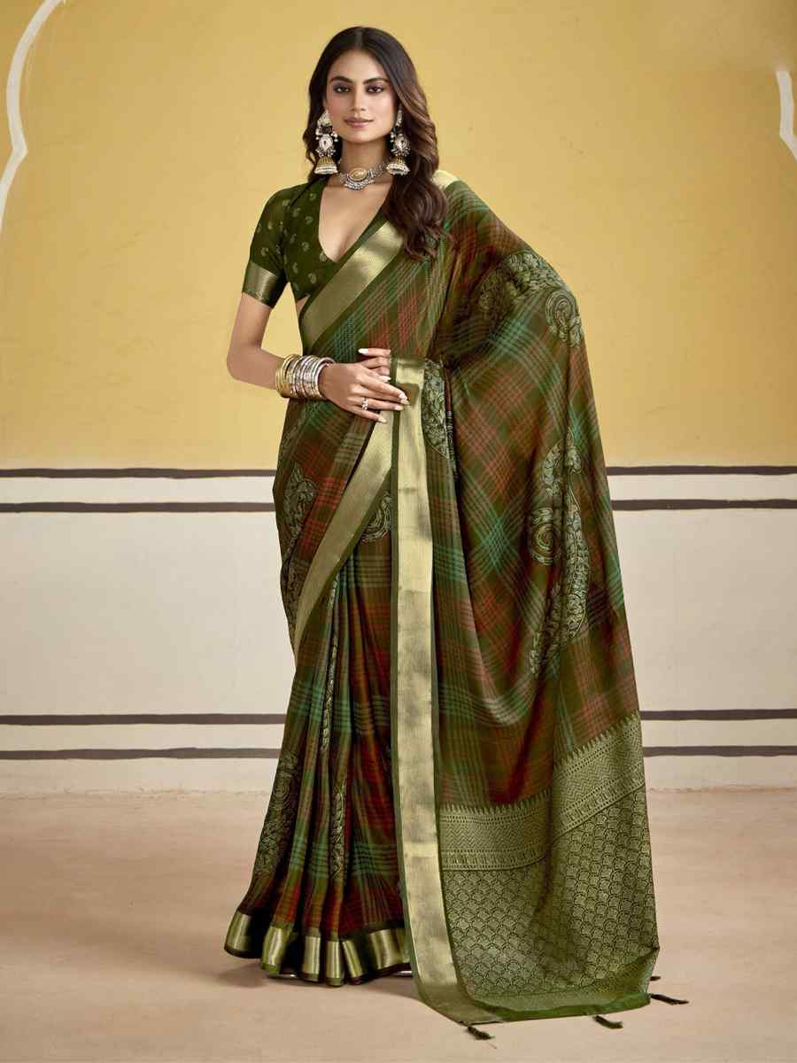 Mehendi Green Silk Printed with Handwoven Festival Wedding Fancy Heavy Border Saree