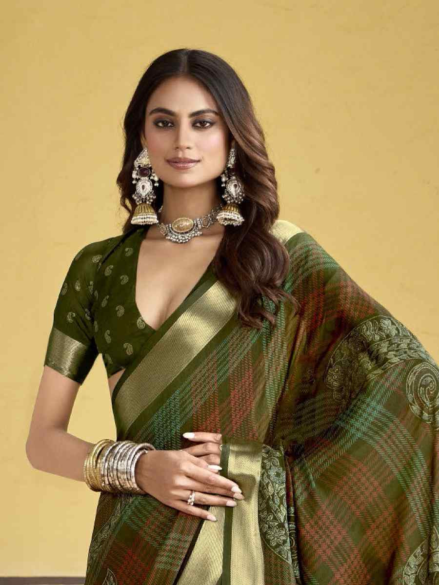 Mehendi Green Silk Printed with Handwoven Festival Wedding Fancy Heavy Border Saree