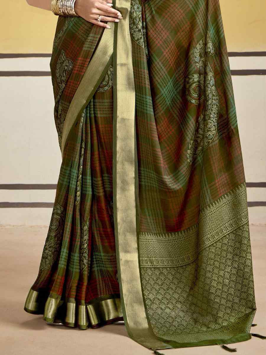 Mehendi Green Silk Printed with Handwoven Festival Wedding Fancy Heavy Border Saree