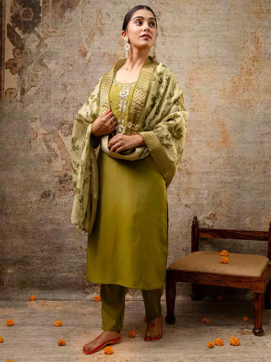 Mehendi Green Simar Silk Embroidered Mehendi Wedding Ready Pant Salwar Kameez