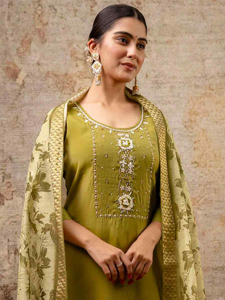 Mehendi Green Simar Silk Embroidered Mehendi Wedding Ready Pant Salwar Kameez