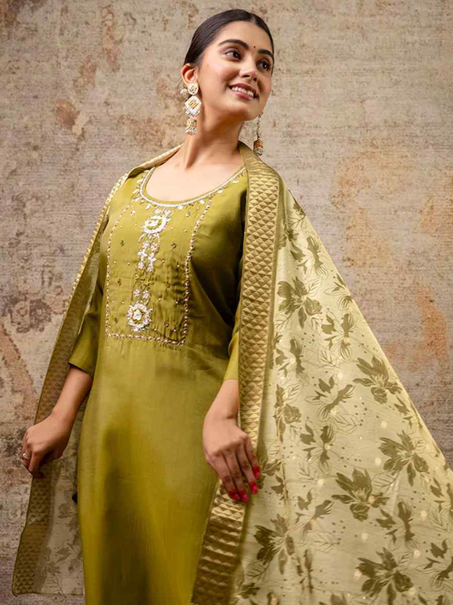 Mehendi Green Simar Silk Embroidered Mehendi Wedding Ready Pant Salwar Kameez
