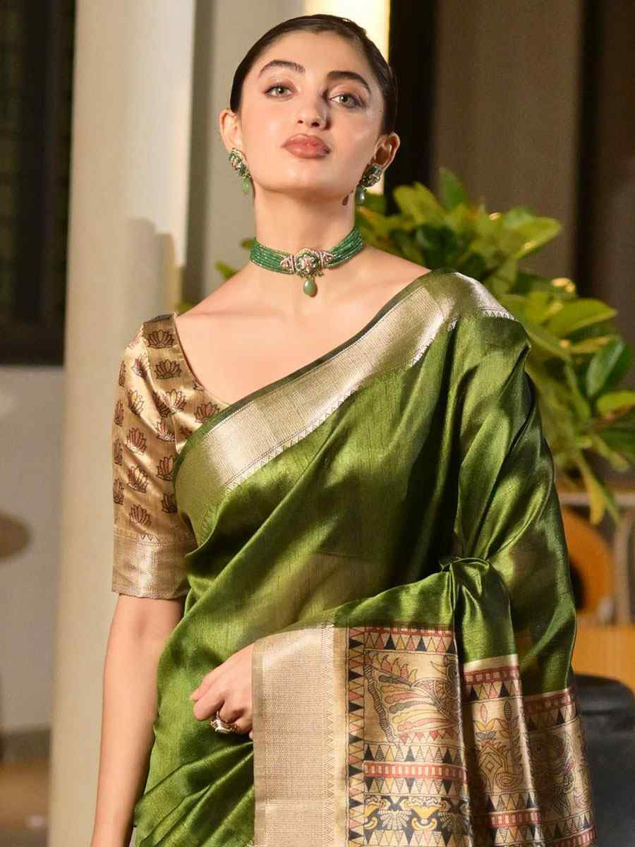 Mehendi Green Soft Khadi Raw Silk Printed Zari Handwoven Festival Wedding Fancy Heavy Border Saree