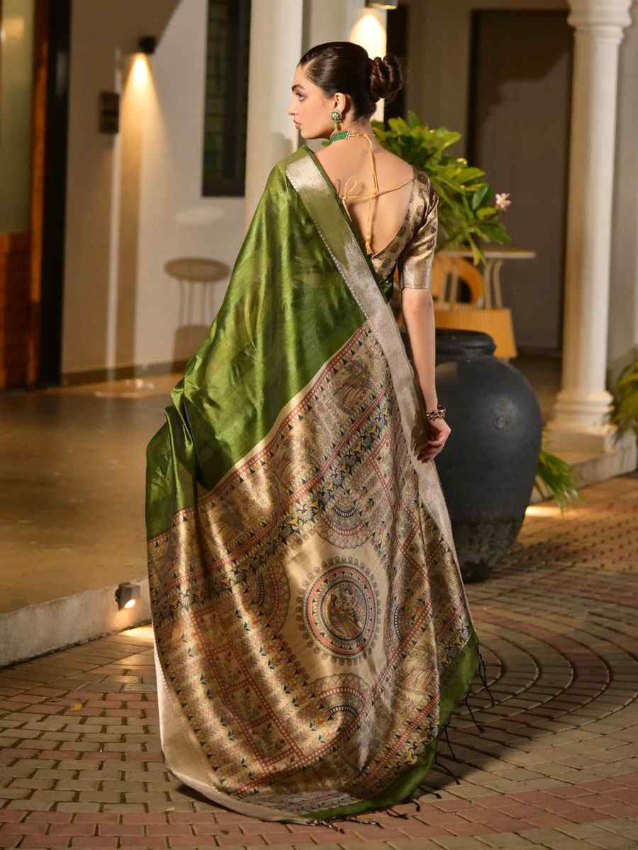 Mehendi Green Soft Khadi Raw Silk Printed Zari Handwoven Festival Wedding Fancy Heavy Border Saree