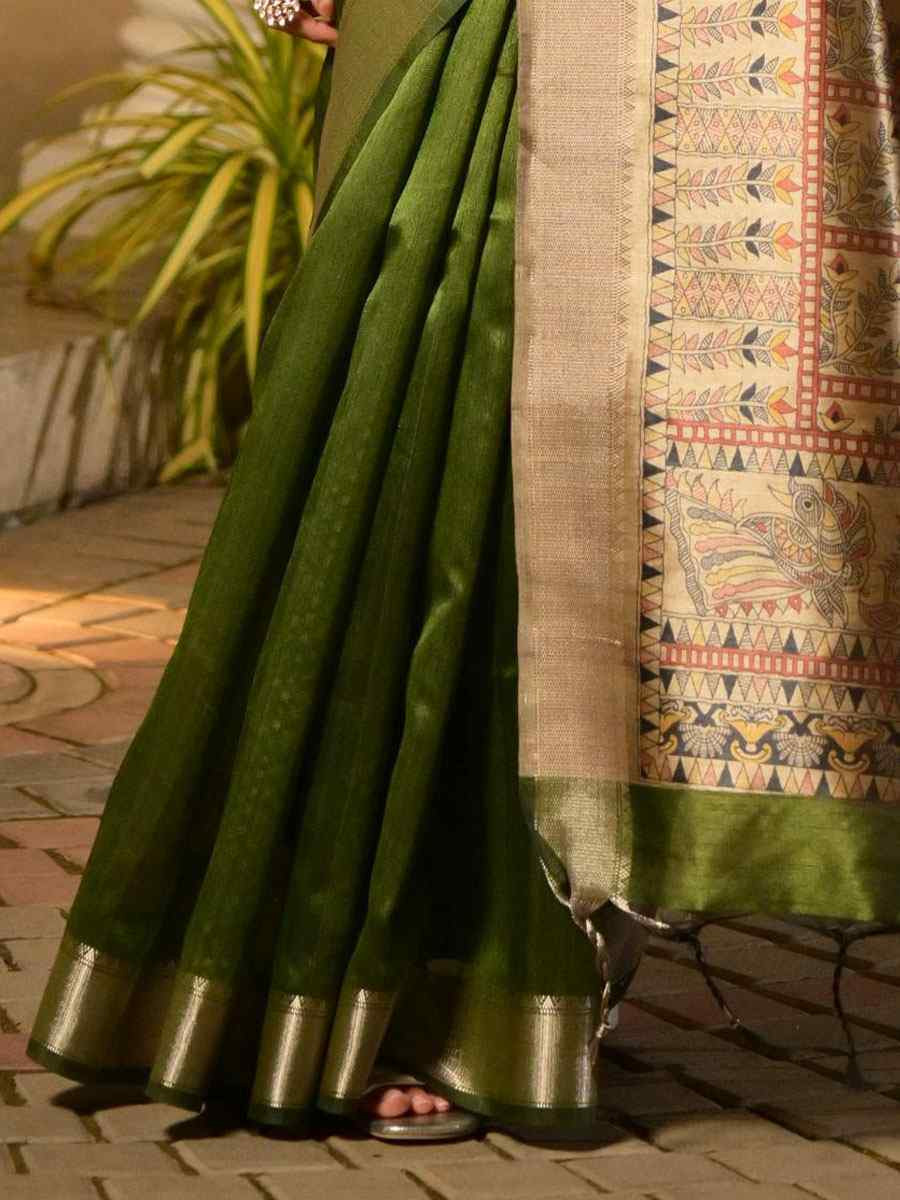 Mehendi Green Soft Khadi Raw Silk Printed Zari Handwoven Festival Wedding Fancy Heavy Border Saree
