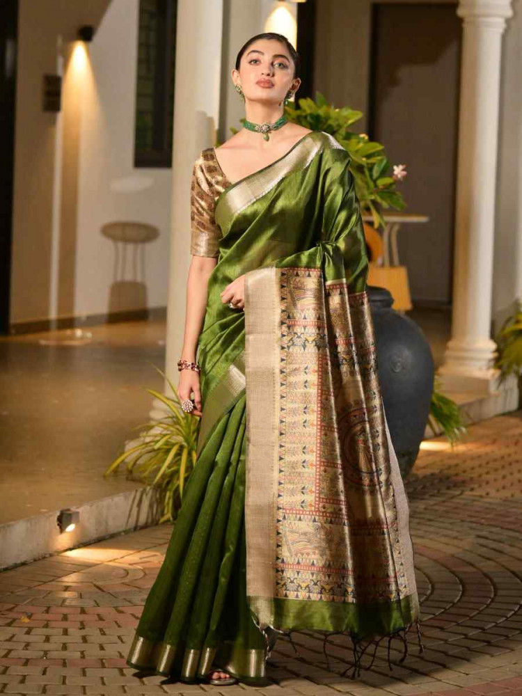 Image of Mehendi Green Soft Khadi Raw Silk Printed Zari Handwoven Festival Wedding Fancy Heavy Border Saree