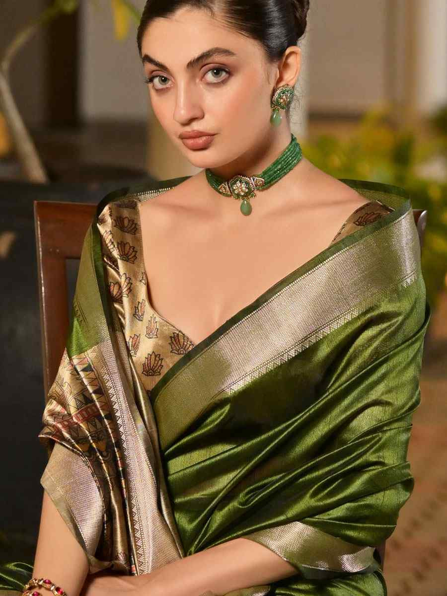 Mehendi Green Soft Khadi Raw Silk Printed Zari Handwoven Festival Wedding Fancy Heavy Border Saree