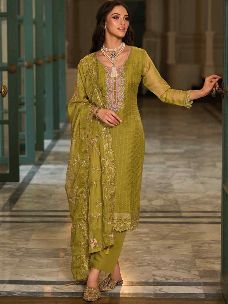 Mehendi Green Soft Organza Embroidered Festival Wedding Ready Pant Salwar Kameez