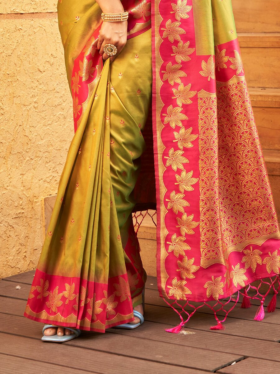Mehendi Green Soft Silk Banarasi Zari Weaves Meenakari Work Wedding Reception Party Festival Casual Heavy Border Sarees