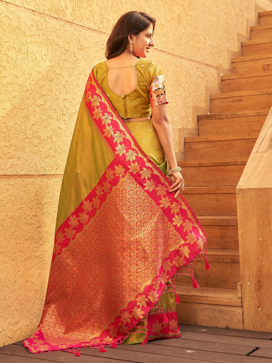 Mehendi Green Soft Silk Banarasi Zari Weaves Meenakari Work Wedding Reception Party Festival Casual Heavy Border Sarees