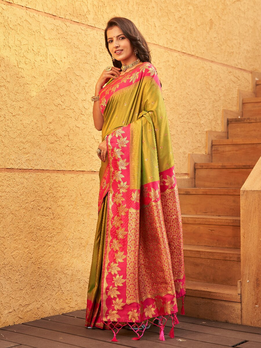 Mehendi Green Soft Silk Banarasi Zari Weaves Meenakari Work Wedding Reception Party Festival Casual Heavy Border Sarees