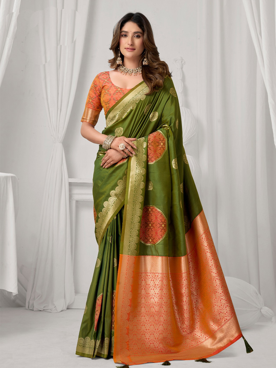 Mehendi Green Soft Silk Kanjivaram Zari Brocade Wedding Party Festival Heavy Border Sarees