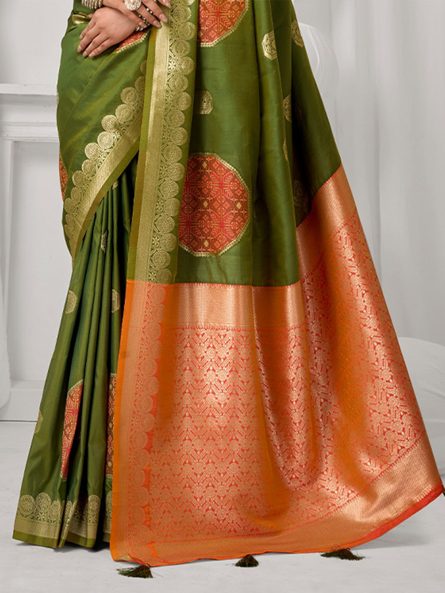 Mehendi Green Soft Silk Kanjivaram Zari Brocade Wedding Party Festival Heavy Border Sarees