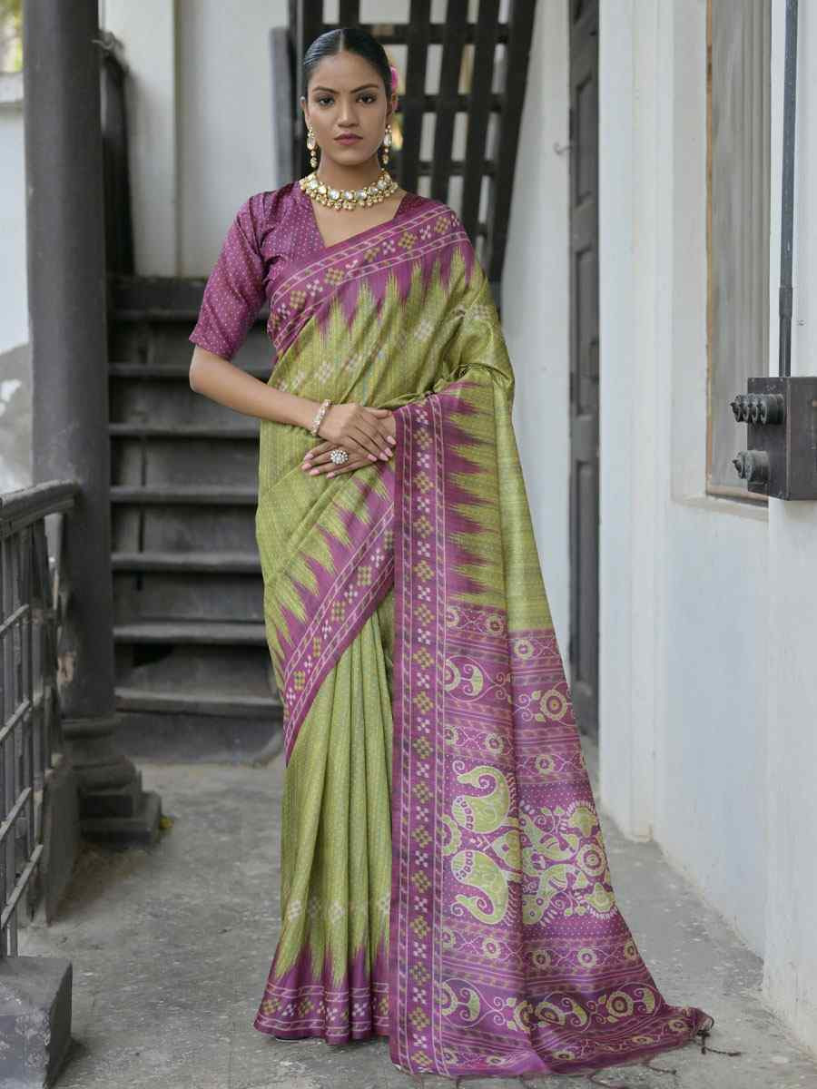 Mehendi Green Soft Tussar Silk Printed Traditional Bridal Reception Festival Wedding Fancy Heavy Border Saree