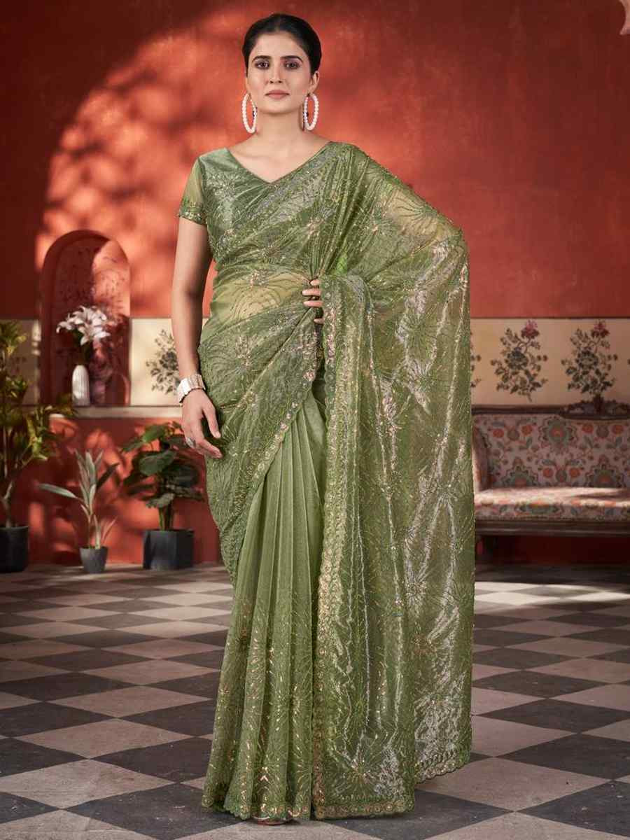 Mehendi Green Twill Net Embroidered Festival Wedding Fancy Heavy Border Saree