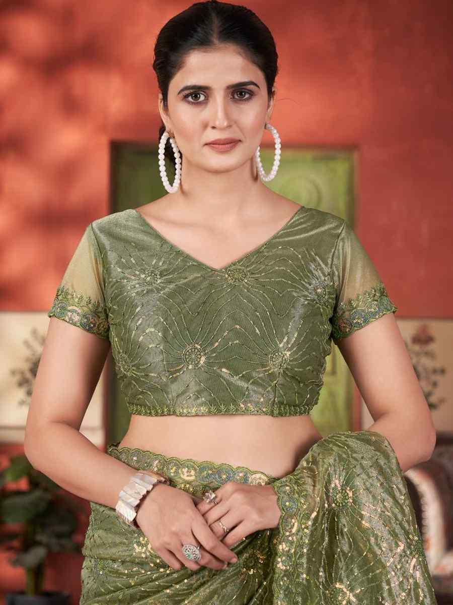 Mehendi Green Twill Net Embroidered Festival Wedding Fancy Heavy Border Saree