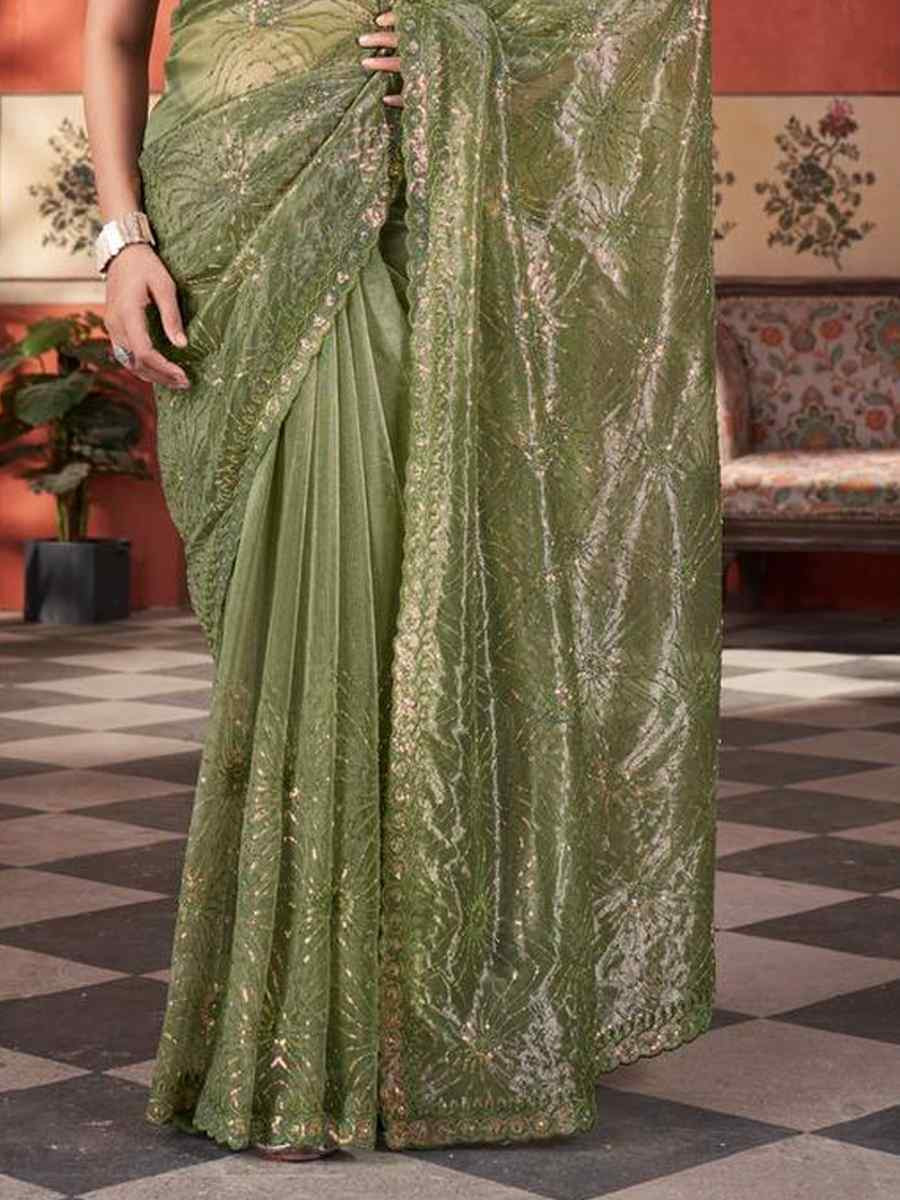 Mehendi Green Twill Net Embroidered Festival Wedding Fancy Heavy Border Saree
