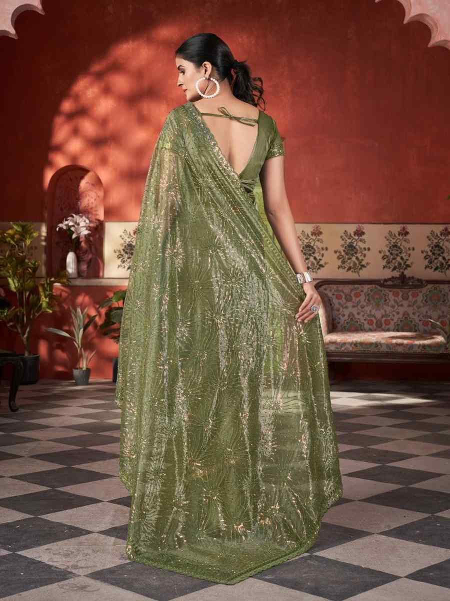 Mehendi Green Twill Net Embroidered Festival Wedding Fancy Heavy Border Saree