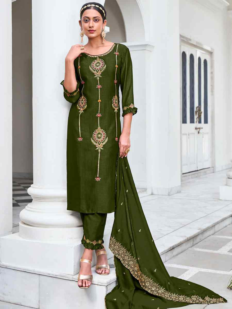 Mehendi Green Venice Silk Embroidered Festival Wedding Ready Pant Salwar Kameez