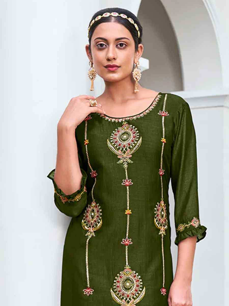 Mehendi Green Venice Silk Embroidered Festival Wedding Ready Pant Salwar Kameez
