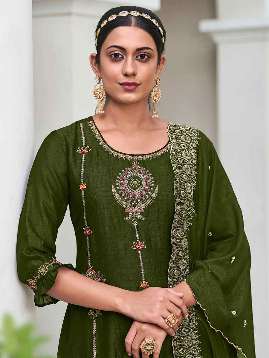 Mehendi Green Venice Silk Embroidered Festival Wedding Ready Pant Salwar Kameez