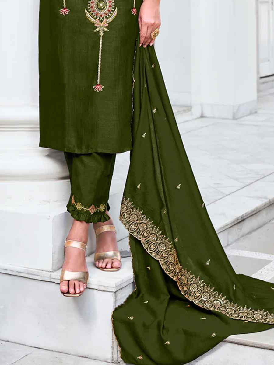 Mehendi Green Venice Silk Embroidered Festival Wedding Ready Pant Salwar Kameez