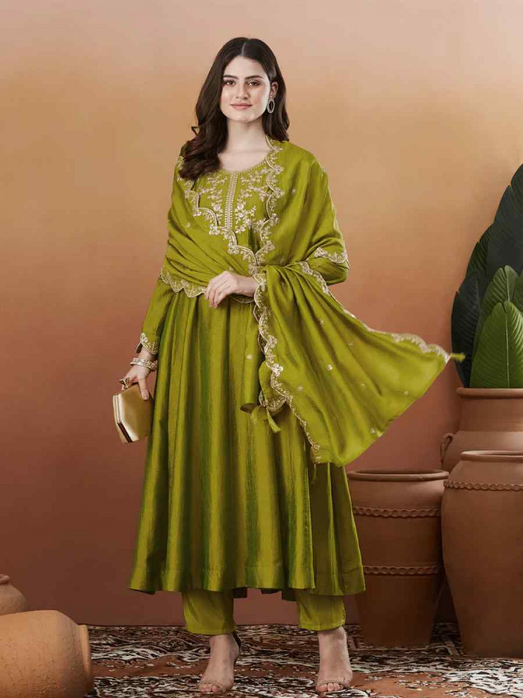 Image of Mehendi Green Vichitra Silk Embroidery Party Wedding Festival Casual Ready Anarkali Pant Salwar Kameez