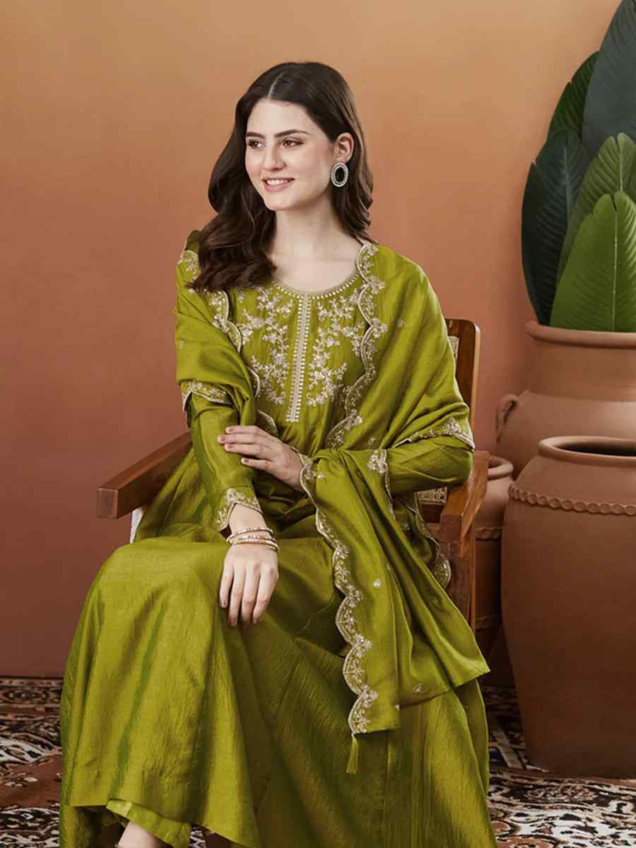 Mehendi Green Vichitra Silk Embroidery Party Wedding Festival Casual Ready Anarkali Pant Salwar Kameez