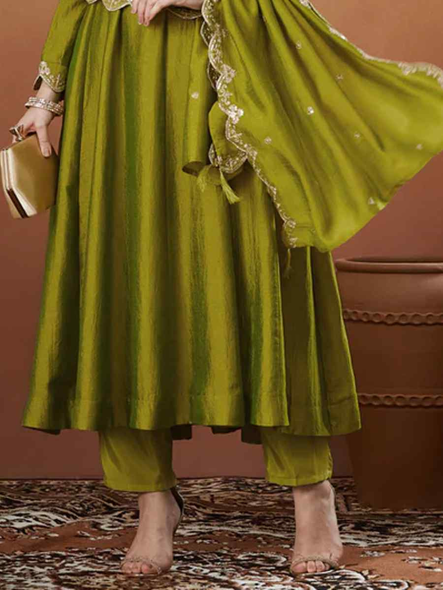 Mehendi Green Vichitra Silk Embroidery Party Wedding Festival Casual Ready Anarkali Pant Salwar Kameez