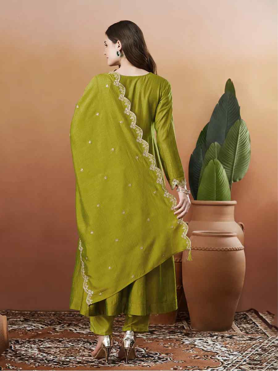Mehendi Green Vichitra Silk Embroidery Party Wedding Festival Casual Ready Anarkali Pant Salwar Kameez