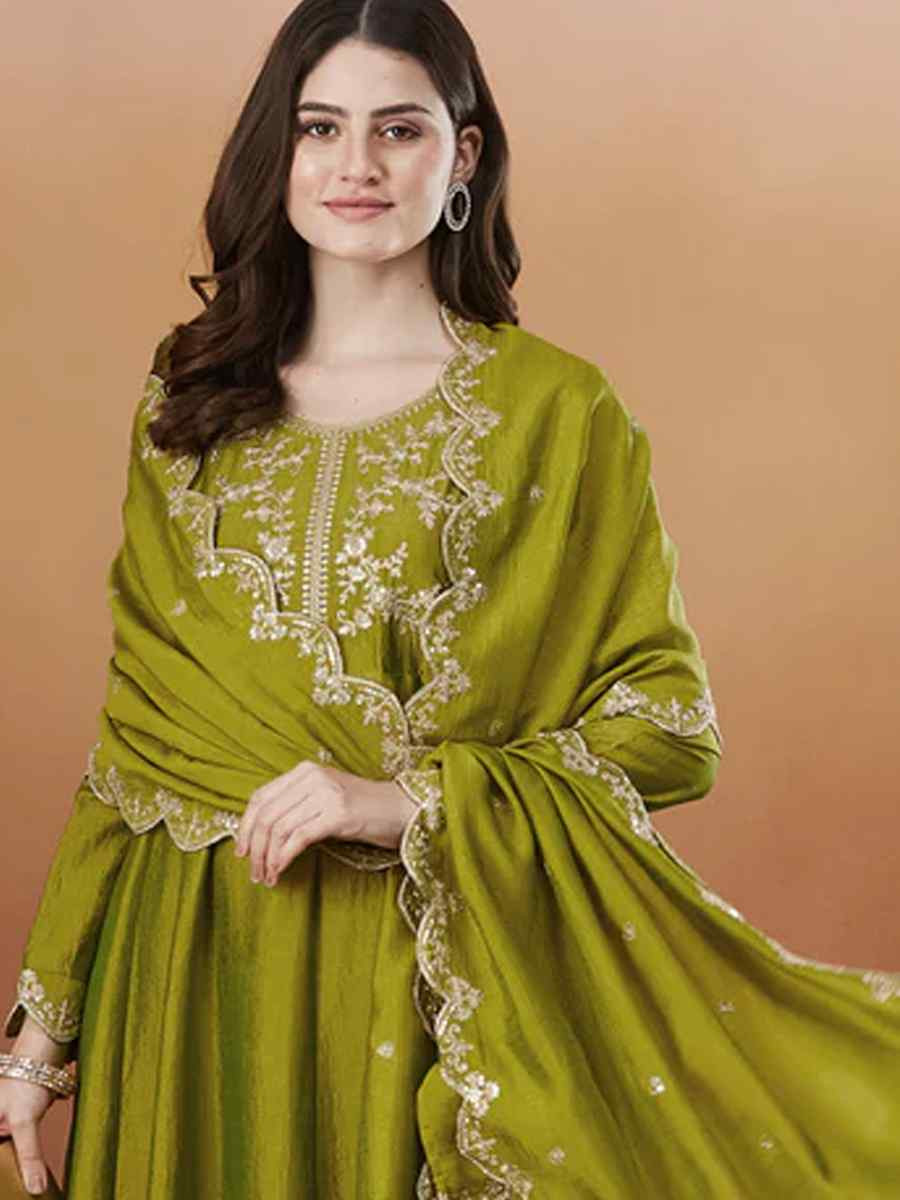 Mehendi Green Vichitra Silk Embroidery Party Wedding Festival Casual Ready Anarkali Pant Salwar Kameez