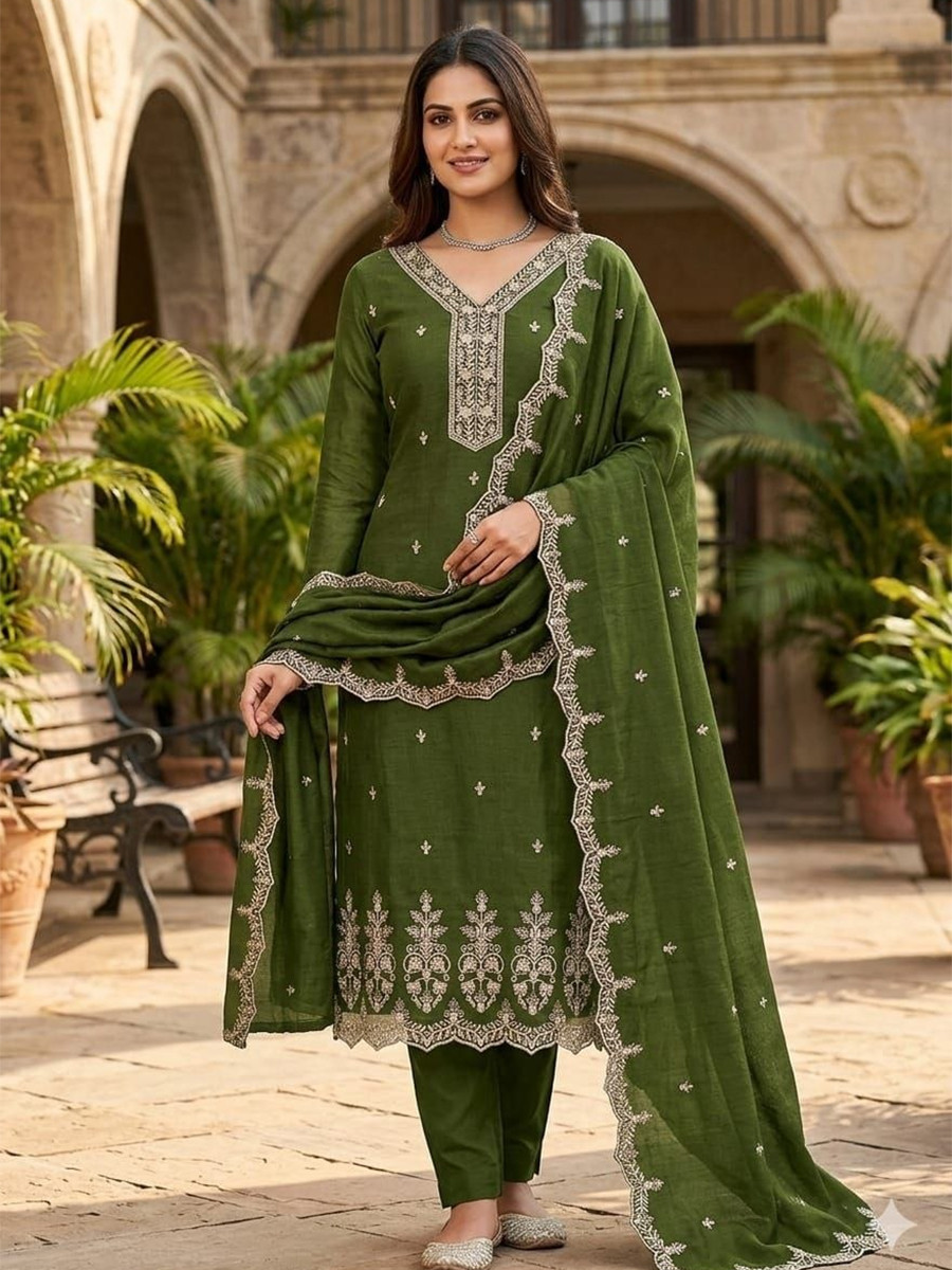 Mehendi Green Vichitra Silk Embroidery Wedding Party Festival Casual Pant Salwar Kameez