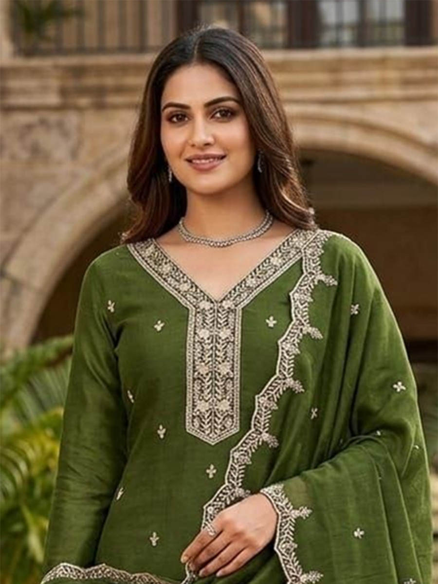 Mehendi Green Vichitra Silk Embroidery Wedding Party Festival Casual Pant Salwar Kameez
