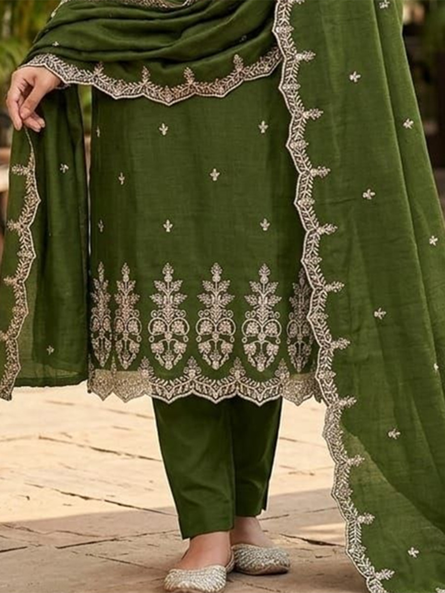 Mehendi Green Vichitra Silk Embroidery Wedding Party Festival Casual Pant Salwar Kameez