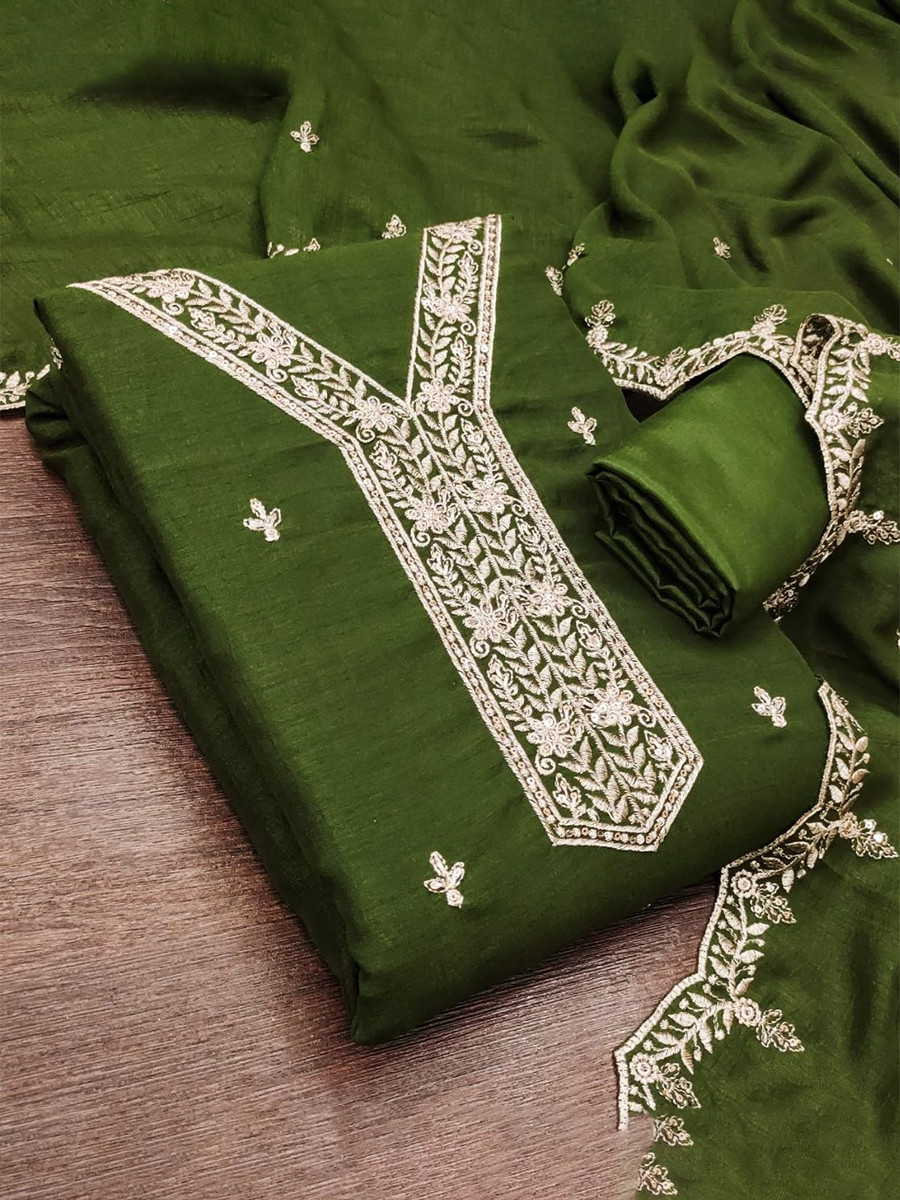 Mehendi Green Vichitra Silk Embroidery Wedding Party Festival Casual Pant Salwar Kameez