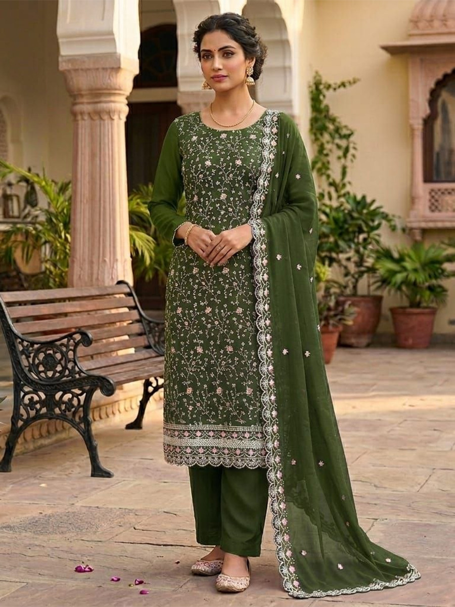 Mehendi Green Vichitra Silk Embroidery Wedding Party Festival Casual Pant Salwar Kameez